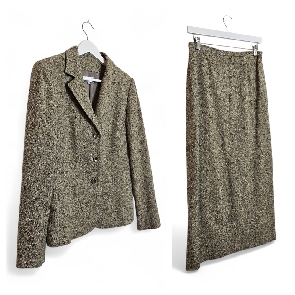 Gerard Darel Skirt Suit Size 40 Wool Silk Tweed Blazer Midi Brown Parisian Chic.